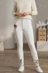 Kadın Dar Kesim İşlemeli Kot Pantolon -Beyaz