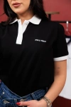 Kadın Premium %100 Cotton (Pamuk) Regular Fit Düğme Detaylı Polo Tişört - Siyah