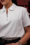 Kadın Premium %100 Cotton (Pamuk) Regular Fit Yarım Fermuarlı Polo Tişört - Beyaz
