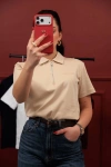 Kadın Premium %100 Cotton (Pamuk) Regular Fit Yarım Fermuarlı Polo Tişört - Bej
