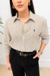 Kadın Premium %100 Linen (Keten) Regular Fit Çizgili Gömlek - Bej