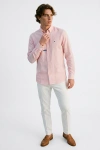 Erkek Premium %100 Linen (Keten) Regular Fit Yaka Düğmeli Gömlek - Pembe
