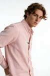 Erkek Premium %100 Linen (Keten) Regular Fit Yaka Düğmeli Gömlek - Pembe