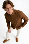 Erkek Premium %100 Linen (Keten) Regular Fit Yaka Düğmeli Gömlek - Kahverengi