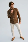 Erkek Premium %100 Linen (Keten) Regular Fit Yaka Düğmeli Gömlek - Kahverengi