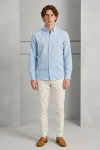 Erkek Premium %100 Linen (Keten) Regular Fit Yaka Düğmeli Gömlek - Açık Mavi