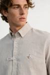 Erkek Premium %100 Linen (Keten) Regular Fit Yaka Düğmeli Gömlek - Açık Taş