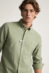 Erkek Premium %100 Linen (Keten) Regular Fit Yaka Düğmeli Gömlek - Açık Yeşil