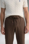 Erkek Premium %100 Linen (Keten) Regular Fit Bağcıklı Pantolon - Kahverengi