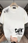 Day One Baskılı Oversize Bisiklet Yaka T-shirt - Beyaz