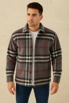 Erkek Ekose Desenli Düğmeli Polar Yakalı Uzun Kollu Gömlek Oversize Rahat Kalıp - Füme