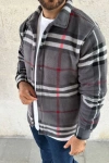 Erkek Ekose Desenli Düğmeli Polar Yakalı Uzun Kollu Gömlek Oversize Rahat Kalıp - Füme