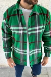 Erkek Ekose Desenli Düğmeli Polar Yakalı Uzun Kollu Gömlek Oversize Rahat Kalıp - Yeşil