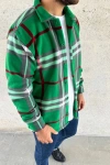 Erkek Ekose Desenli Düğmeli Polar Yakalı Uzun Kollu Gömlek Oversize Rahat Kalıp - Yeşil