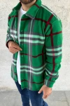 Erkek Ekose Desenli Düğmeli Polar Yakalı Uzun Kollu Gömlek Oversize Rahat Kalıp - Yeşil