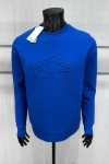 Erkek İşlemeli Double Face Kumaş Kol Armalı Bisiklet Yaka Sweatshirt Mavi