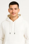 Erkek Ovarsize Kapüşonlu Swetshirt Kanguru Çepli Cıtcıtlı 3 iplik Şardonlu Hoodie - Beyaz