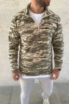 Erkek Yarım Fermuarlı Desenli Polar Sweat – Haki Kamuflaj Yakalı, Uzun Kollu, Oversize Rahat Kalıp - Haki