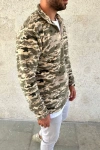 Erkek Yarım Fermuarlı Desenli Polar Sweat – Haki Kamuflaj Yakalı, Uzun Kollu, Oversize Rahat Kalıp - Haki