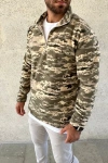Erkek Yarım Fermuarlı Desenli Polar Sweat – Haki Kamuflaj Yakalı, Uzun Kollu, Oversize Rahat Kalıp - Haki