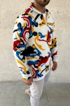 Erkek Yarım Fermuarlı Desenli Polar Sweat – Renkli Abstract Desen Yakalı, Uzun Kollu, Oversize Rahat Kalıp, - Beyaz