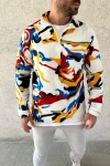 Erkek Yarım Fermuarlı Desenli Polar Sweat – Renkli Abstract Desen Yakalı, Uzun Kollu, Oversize Rahat Kalıp, - Beyaz