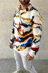 Erkek Yarım Fermuarlı Desenli Polar Sweat – Renkli Abstract Desen Yakalı, Uzun Kollu, Oversize Rahat Kalıp, - Beyaz