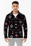 Erkek Yarım Fermuarlı Desenli Polar Sweat Tribal Etnik Desen Yakalı, Uzun Kollu, Oversize Rahat Kalıp, - Siyah