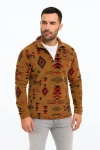 Erkek Yarım Fermuarlı Desenli Polar Sweat Tribal Etnik Desen Yakalı, Uzun Kollu, Oversize Rahat Kalıp, - Kahverengi