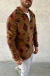 Erkek Yarım Fermuarlı Desenli Polar Sweat Tribal Etnik Desen Yakalı, Uzun Kollu, Oversize Rahat Kalıp, - Kahverengi