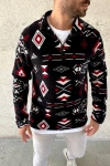 Erkek Yarım Fermuarlı Desenli Polar Sweat Tribal Etnik Desen Yakalı, Uzun Kollu, Oversize Rahat Kalıp, - Siyah