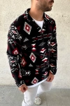 Erkek Yarım Fermuarlı Desenli Polar Sweat Tribal Etnik Desen Yakalı, Uzun Kollu, Oversize Rahat Kalıp, - Siyah