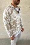 Erkek Yarım Fermuarlı Desenli Polar Sweat Yakalı, Uzun Kollu, Oversize Rahat Kalıp - Bej