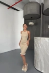 Fırfır Detaylı Triko Elbise- Bej