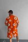 İki İplik Kumaş Baskılı T-shirt Şortlu Takım- Turuncu