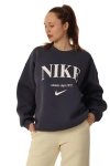 Kadın Bisiklet Yaka Desenli İçi Pamuklu Oversize Kalıp Sweatshirt Antrasit