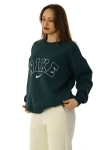 Kadın Bisiklet Yaka Nakış Desenli İçi Pamuklu Oversize Kalıp Sweatshirt Haki