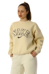 Kadın Bisiklet Yaka Nakış Desenli İçi Pamuklu Oversize Kalıp Sweatshirt Krem