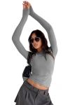 Kadın Bisiklet Yaka Parmak Geçmeli Esnek Body Gri