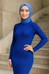 Kadın Boğazlı Uzun Fitilli Tesettüre Uygun Triko Dokuma Elbise - Saks Mavisi