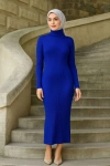 Kadın Boğazlı Uzun Fitilli Tesettüre Uygun Triko Dokuma Elbise - Saks Mavisi