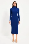 Kadın Boğazlı Triko Elbise – Uzun Fitilli Esnek Dokuma, Tam Kalıp, Kışlık & Baharlık Şık Rahat Stil, 130 cm Midi Boy Elbise - Saks Mavisi