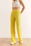 Kadın Bol Paça Bubble Gufre Kumaş Cepli Beli Lastikli Rahat Kalıp Pantolon Sarı