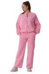 Kadın Bomber Yaka Fermuarlı 3 İplik İçi Polarlı Bol Paça Pembe Eşofman Takımı