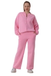 Kadın Bomber Yaka Fermuarlı 3 İplik İçi Polarlı Bol Paça Pembe Eşofman Takımı
