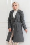 Tam12den Kadın Kolu Üç Düğmeli İçi Astarlı Kaşmir Kaşe Kaban Gri