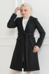 Tam12den Kadın Kolu Üç Düğmeli İçi Astarlı Kaşmir Kaşe Kaban - Siyah