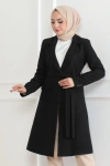 Tam12den Kadın Kolu Üç Düğmeli İçi Astarlı Kaşmir Kaşe Kaban - Siyah