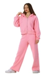 Kadın Kapüşonlu Fermuarlı Pamuklu Palazzo Geniş Paça Eşofman Takımı Pembe