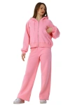 Kadın Kapüşonlu Fermuarlı Pamuklu Palazzo Geniş Paça Eşofman Takımı Pembe